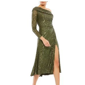 MAC DUGGAL SEQUIN ONE SHOULDER LONG SLEEVE OLIVE MIDI DRESS sz 6